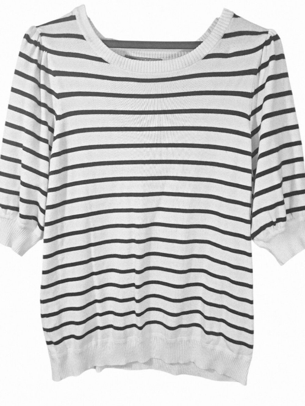 Marled Black White Striped Puff Sleeve Knit Sweater Scoop Neck Top.  Size M